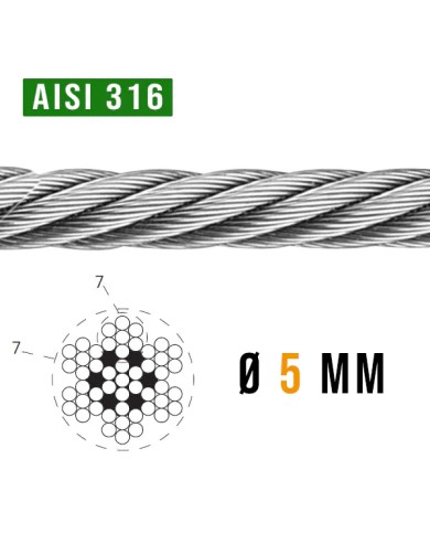 Cavo Acciaio INOX 5 mm AISI 316 7 X 7 - 14 Kn Cavo Acciaio INOX 5 mm AISI 316 7 X 7 - 14 Kn