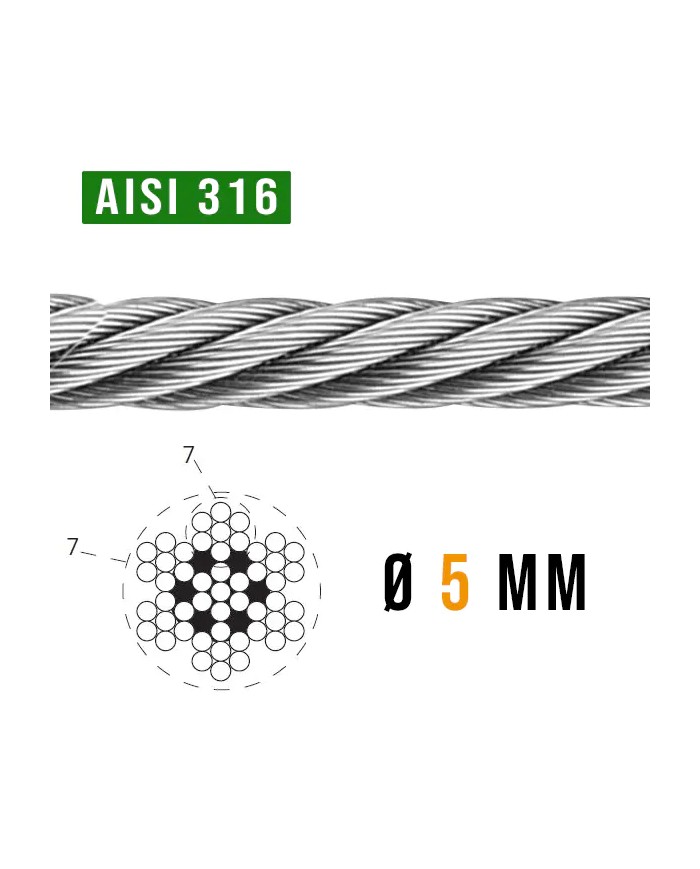Cavo Acciaio INOX 5 mm AISI 316 7 X 7 - 14 Kn Cavo Acciaio INOX 5 mm AISI 316 7 X 7 - 14 Kn