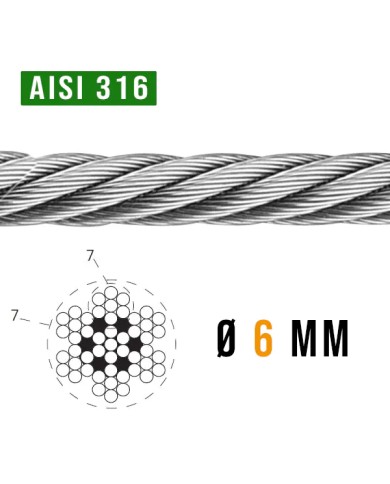 Cavo Acciaio INOX 6 mm AISI 316 7 X 7 - 20 Kn Cavo Acciaio INOX 6 mm AISI 316 7 X 7 - 20 Kn
