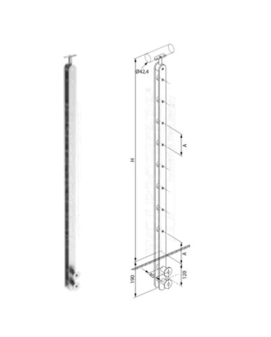 Montante Acciaio INOX, Doppio Piatto, Laterale, 5 Supporti per Tondo 12 mm H.1300 | AISI 304 Satinato Montante Acciaio INOX, Doppio Piatto, Laterale, 5 Supporti per Tondo 12 mm H.1300 | AISI 304 Satinato