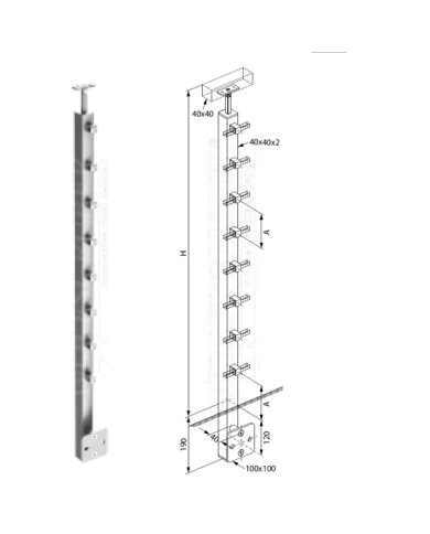 Montante Acciaio INOX, Scatolato 40x40x2, Laterale, 5 Supporti per Quadro 12 mm, Sella Piana, H.1100 | AISI 304 Satinato Montante Acciaio INOX, Scatolato 40x40x2, Laterale, 5 Supporti per Quadro 12 mm, Sella Piana, H.1100 | AISI 304 Satinato