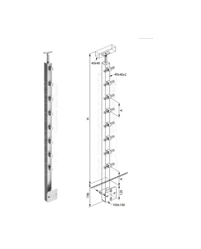 Montante Acciaio INOX, Scatolato 40x40x2, Laterale, 5 Supporti per Quadro 12 mm, Sella Piana, H.1100 | AISI 304 Satinato Montante Acciaio INOX, Scatolato 40x40x2, Laterale, 5 Supporti per Quadro 12 mm, Sella Piana, H.1100 | AISI 304 Satinato