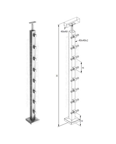 Montante Acciaio INOX, Scatolato 40x40x2, Pavimento, 5 Supporti per quadro 12 mm, SELLA PIANA, H.1000 | AISI 304 Satinato Montante Acciaio INOX, Scatolato 40x40x2, Pavimento, 5 Supporti per quadro 12 mm, SELLA PIANA, H.1000 | AISI 304 Satinato