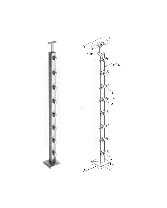 Montante Acciaio INOX, Scatolato 40x40x2, Pavimento, 5 Supporti per quadro 12 mm, SELLA PIANA, H.1000 | AISI 304 Satinato Montante Acciaio INOX, Scatolato 40x40x2, Pavimento, 5 Supporti per quadro 12 mm, SELLA PIANA, H.1000 | AISI 304 Satinato