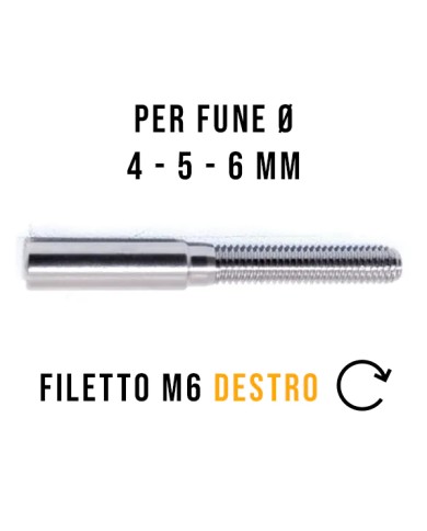 Terminale Cavo Acciaio Inox Ø 4-5-6 mm a Pressione, Filettato maschio M6 DESTRO | AISI 316 Terminale Cavo Acciaio Inox Ø 4-5-6 mm a Pressione, Filettato maschio M6 DESTRO | AISI 316