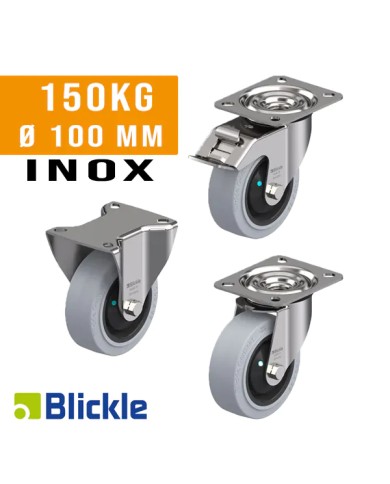 Ruote INOX per Carrelli PORTATA 150KG Ø 100X32, Gomma elastica antitraccia 65 Shore | Blickle POEV Ruote INOX per Carrelli PORTATA 150KG Ø 100X32, Gomma elastica antitraccia 65 Shore | Blickle POEV