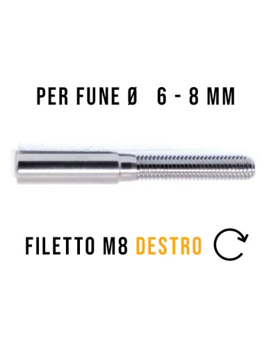 Terminale Cavo Acciaio Inox Ø 6-8 mm a Pressione, Filettato maschio M8 DESTRO | AISI 316 Terminale Cavo Acciaio Inox Ø 6-8 mm a Pressione, Filettato maschio M8 DESTRO | AISI 316