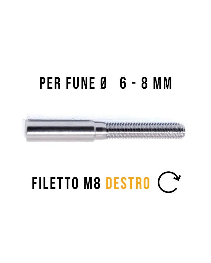 Terminale Cavo Acciaio Inox Ø 6-8 mm a Pressione, Filettato maschio M8 DESTRO | AISI 316