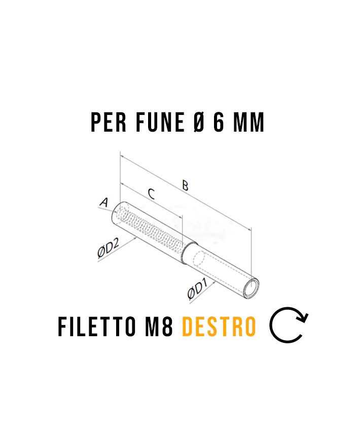 Terminale a pressione per Cavo Acciaio INOX Ø 6mm Filettato Femmina M.8 Destro | AISI 316