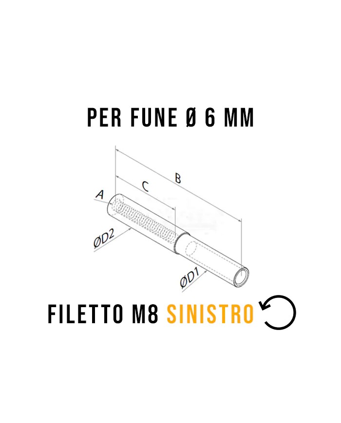 Terminale a pressione per Cavo Acciaio INOX Ø 6mm Filettato Femmina M.8 Sinistro | AISI 316