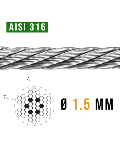 Cavo Acciaio INOX 1.5 mm AISI 316 - 1.25 Kn Cavo Acciaio INOX 1.5 mm AISI 316 - 1.25 Kn