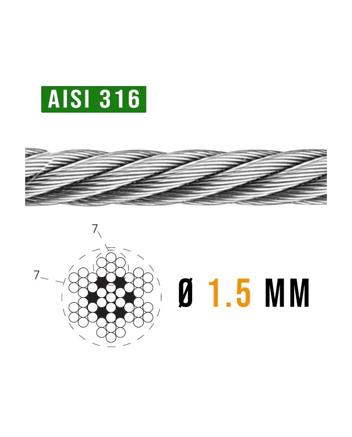Cavo Acciaio INOX 1.5 mm AISI 316 - 1.25 Kn Cavo Acciaio INOX 1.5 mm AISI 316 - 1.25 Kn