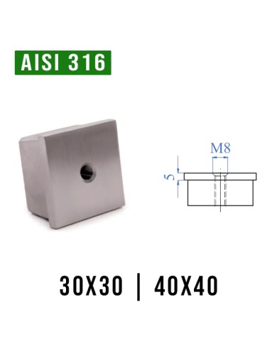 Tappo Acciaio INOX con Filetto M8 per TUBO quadro | AISI 316 Satinato