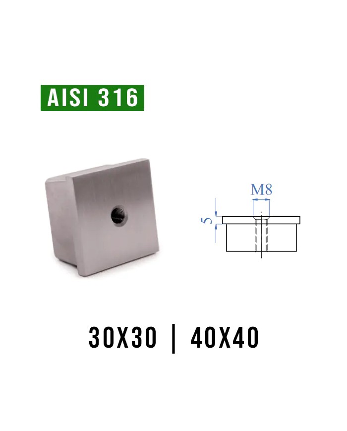 Tappo Acciaio INOX con Filetto M8 per TUBO quadro | AISI 316 Satinato