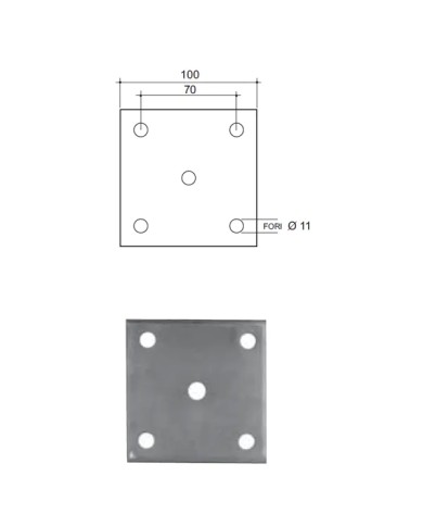 Piastra Ferro Quadrata con 5 fori Ø 11 mm Piastra Ferro Quadrata con 5 fori Ø 11 mm