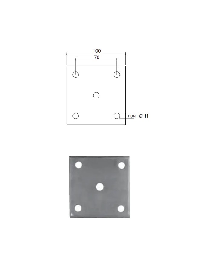 Piastra Ferro Quadrata con 5 fori Ø 11 mm Piastra Ferro Quadrata con 5 fori Ø 11 mm