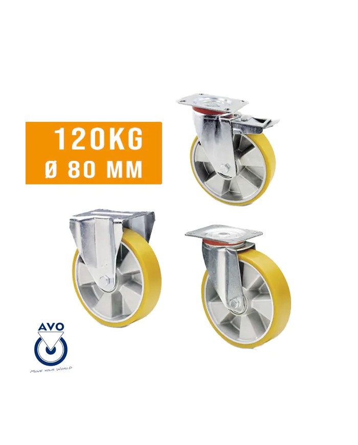 Ruote per Carrelli Portata 120 Kg Ø  80 mm Poliuretano + Alluminio, Staffa Zincata, 91 Shore Ruote per Carrelli Portata 120 Kg Ø  80 mm Poliuretano + Alluminio, Staffa Zincata, 91 Shore