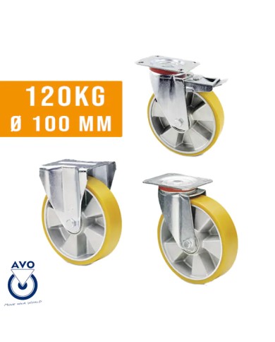 Ruote per Carrelli Portata 120 Kg Ø 100 mm Poliuretano + Alluminio, Staffa Zincata, 98 Shore Ruote per Carrelli Portata 120 Kg Ø 100 mm Poliuretano + Alluminio, Staffa Zincata, 98 Shore