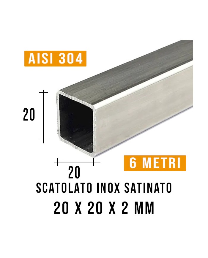 Tubolare Inox Satinato QUADRO 20x20 x2 mm, 6MT | AISI 304 Imbustato Singolarmente Tubolare Inox Satinato QUADRO 20x20 x2 mm, 6MT | AISI 304 Imbustato Singolarmente